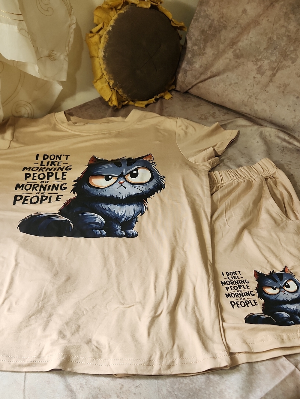 Cute Grumpy Cat Pajama Set - Cream with Blue Cat Print